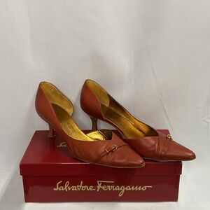 Salvatore Ferragamo Vintage Leather D'Orsay Pumps Heels Paprika Red Size 10